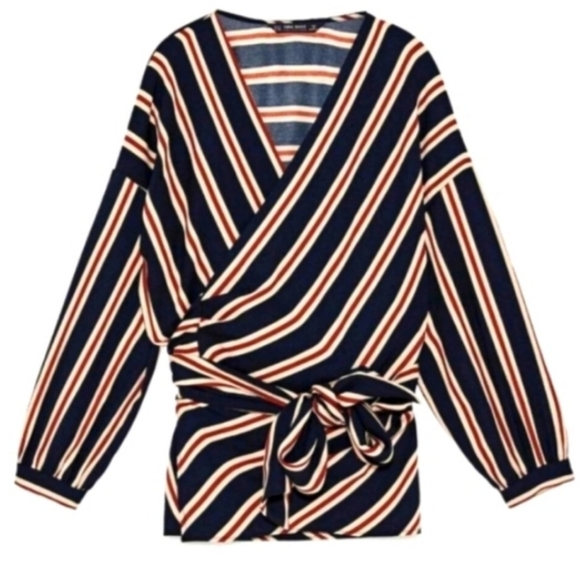 Zara Black Striped V-Neck Long Sleeve True Wrap Blouse - Picture 16 of 16